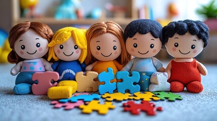 Fototapeta premium Four smiling fabric dolls sitting together with colorful puzzle pieces.