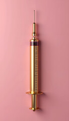 Golden syringe on a pink background indicating modern medical practices and advancements in healthcare technologies and aesthetics