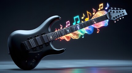 Obraz premium Floating Modern Guitar with Musical Notes – Isolated on Black Background