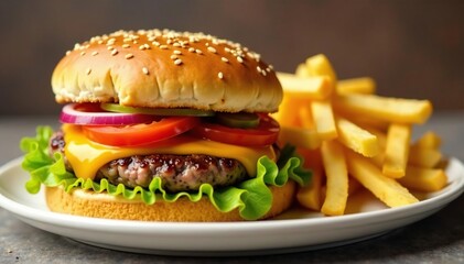 Close-up shot of greasy burger and fries on white , burger bun, takeaway food