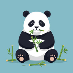 Fototapeta premium Cute panda bear eating bamboo sticks with happy expression on blue background vector illustration 