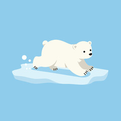 Fototapeta premium Polar bear running on floating ice with blue background vector illustration for wildlife and arctic themes
