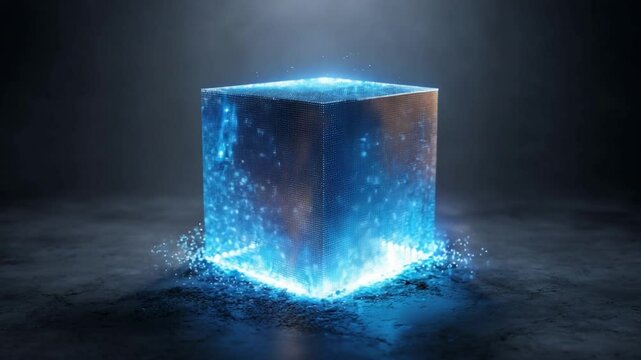 Mystical Cube of Energy: A captivating close-up of a glowing, ethereal cube. Witness the radiant essence of raw energy. The cube is surrounded by shimmering particles.