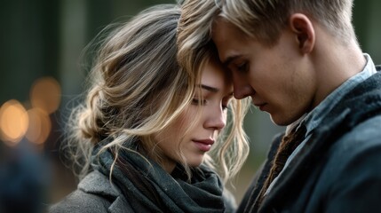 Fototapeta premium Close-up of Young Couple with Foreheads Touching, Emotionally Intimate Moment, Outdoors in Nature