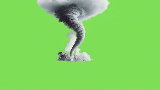 Tornado in Action: A colossal tornado rips across the landscape, its destructive power and imposing scale vividly captured against a dynamic green background.