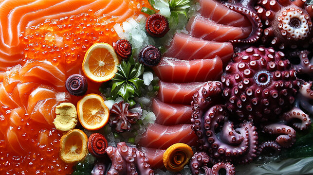 Macro of sashimi platter with real textures