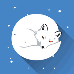 Arctic fox curled up sleeping on snowy winter background with blue sky and falling snowflakes vector illustration 