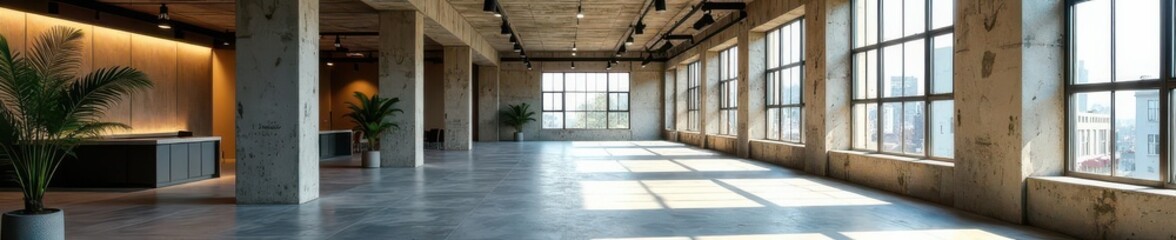 Exposed concrete, open-plan layout, large windows , loft, stylish, industrial