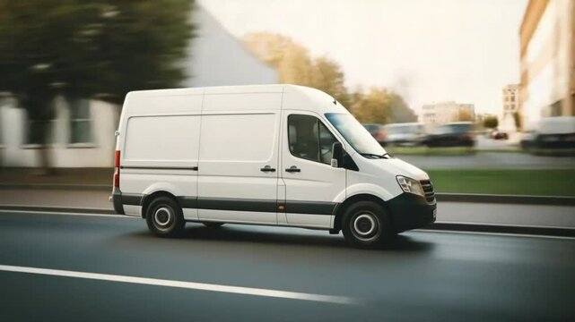 White Delivery Van in Motion: A pristine white delivery van speeds along a city street, the sun casting a warm glow, conveying the efficiency of modern transport. 