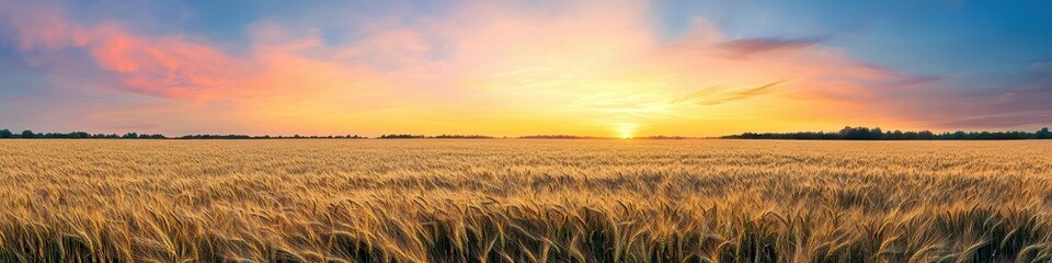 Obraz premium A vast barley field under a bright summer sky with fluffy white clouds. The clear upper portion allows for easy text placement or event details.