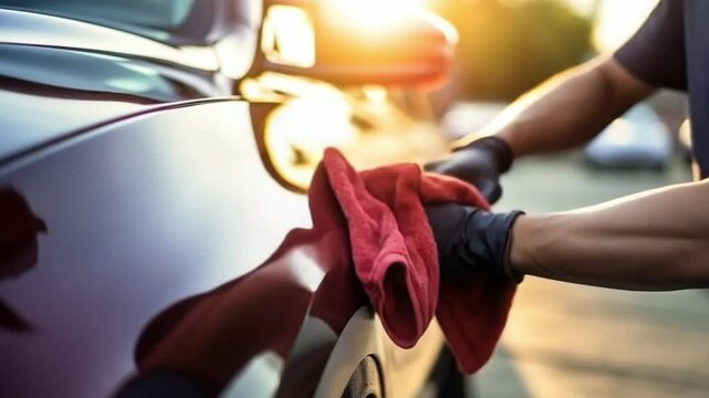Car Detail: A skilled hand, gloved and wielding a soft cloth, meticulously buffs the gleaming surface of a vehicle, revealing the intricate play of light and shadow that accentuates its smooth curves.