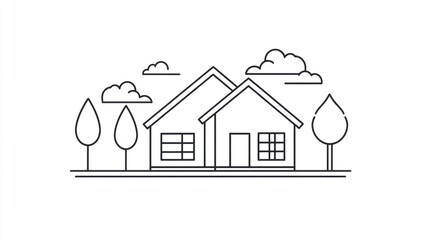 Simple Line Art Suburban Homes with Clouds and Trees
