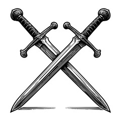 two swords crossed sketch engraving black and white outline. Scratch board imitation.