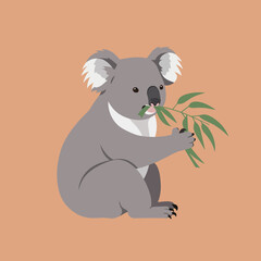 Fototapeta premium Koala sitting and eating eucalyptus leaves on brown background vector illustration 