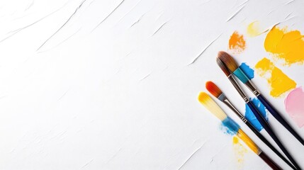 Art supplies arranged on a textured surface. Colorful paint swatches and artist brushes