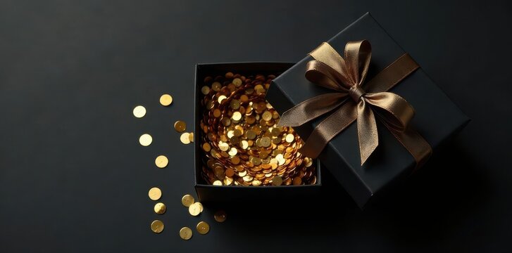 Open black gift box with golden sequins spilling out; top-down view Isolated black background , glitter, anniversary, present