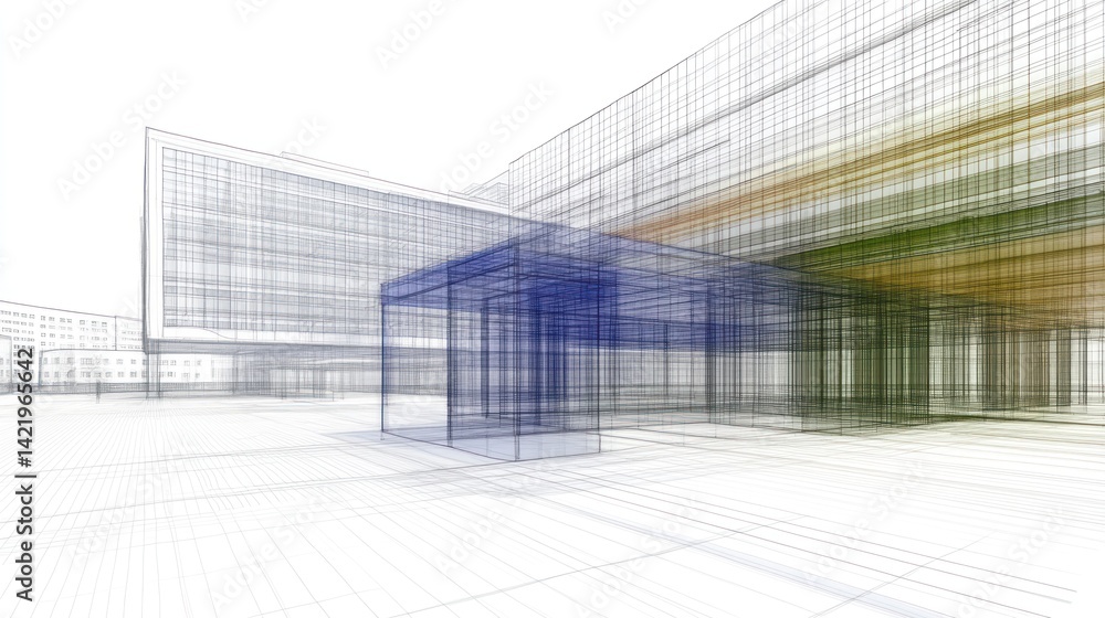 Poster architectural wireframe rendering: modern building design
