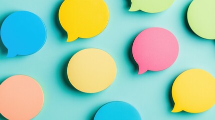 Colorful Speech Bubbles on Turquoise Background: A vibrant image featuring multiple pastel-colored speech bubbles arranged on a light blue backdrop 