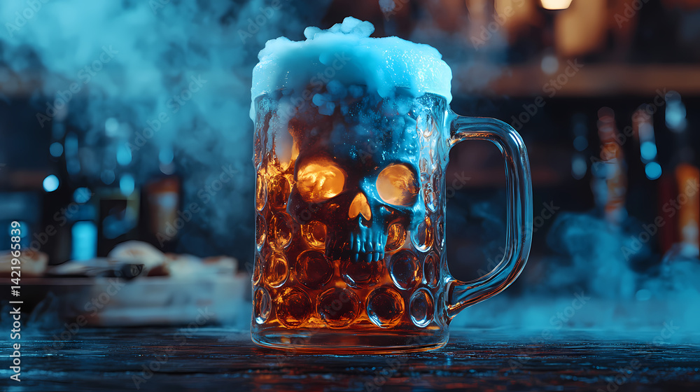 Wall mural ghostly beer stein with fog flat design front view haunted tavern theme animation triadic color sche