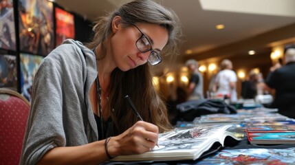 Female artist drawing and signing comic or manga art at a convention or artist fair, surrounded by artwork and fans