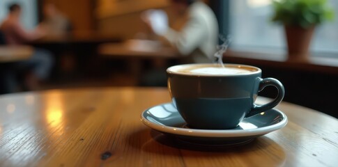 Obraz premium Phone displaying coffee shop app, steaming latte on table, barista, latte