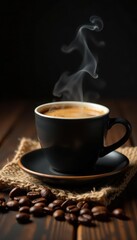 Fototapeta premium Steaming coffee, burlap sack, coffee beans, wood texture Dark background , overhead, food, background