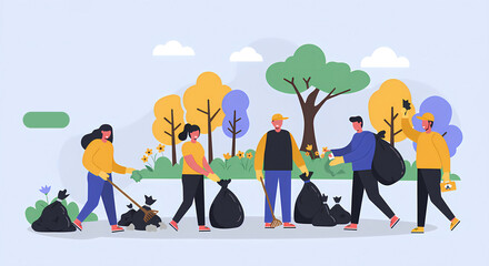 People cleaning public park on spring clean up day teamwork and eco responsibility in flat community scene