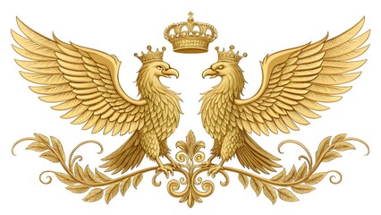 Fototapeta premium Majestic royal bird design with symmetrical golden peacocks, detailed plumage and sleek linework, elegant pattern on white background, 8K clarity