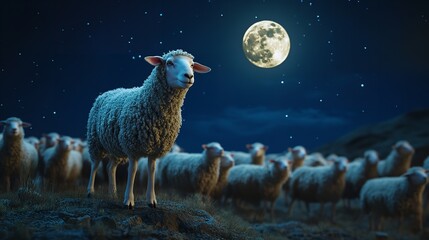 Sheep under the moonlight a serene night scene with flock of sheep and a bright full moon shining above them