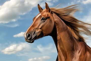 Obraz premium Majestic brown horse with flowing mane against a blue sky backdrop in a tranquil field