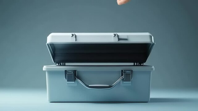 A hand reaching towards an open toolbox on a minimalist background, symbolizing creativity and innovation