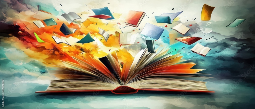 Aufkleber open book with flying pages: a visual metaphor for imagination and knowledge
