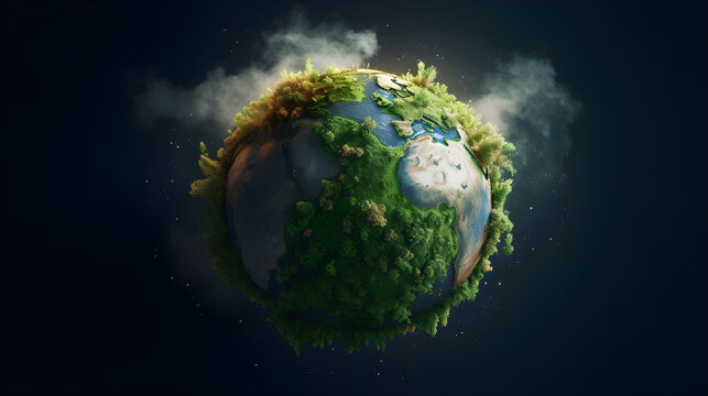 A green and red planet with a blue ocean and green landmass, floating in space with a dark blue background.