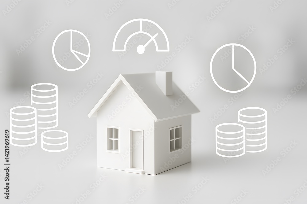Aufkleber white house model with financial icons and metrics graphs background