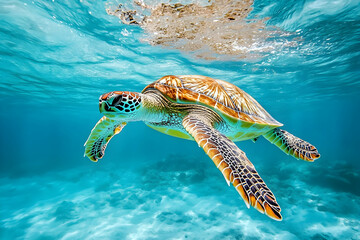 Fototapeta premium Sea turtle swims in clear blue ocean water near sandy bottom.