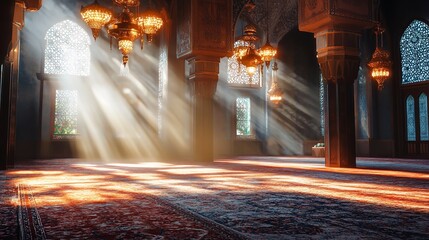 Mosque interior architecture islamic building light rays sunbeams prayer space religious design culture art 100