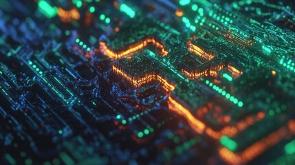 Obraz premium Abstract Digital Circuitry: A Glowing Network of Orange and Green Pathways