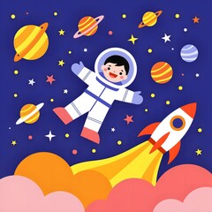 Naklejka premium Cartoon astronaut rocket space planet
