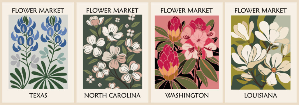Flat hand-drawn vector set of retro Flower Market posters with USA state flowers, Texas Bluebonnet, North Carolina Dogwood, Louisiana Magnolia, Washington Rhododendron. Vintage wall art collection