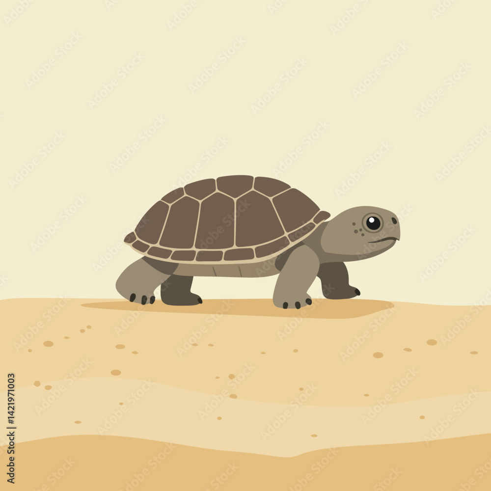 Poster turtle walking on sandy ground in minimalistic vector illustration with neutral tones and simple des