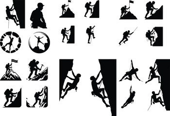 Mountain Climber Silhouette Set | Rock Climbing Vector Art Extreme Climbing Poses | Adventure Silhouette Collection