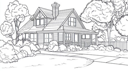 Simple drawing of a house, trees, and yard.  Possible use for children's books or educational materials.