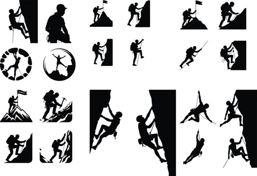 Mountain Climber Silhouette Set | Rock Climbing Vector Art Extreme Climbing Poses | Adventure Silhouette Collection