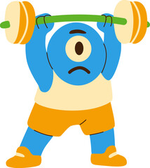 Cartoon Blue Monster Lifting Weights in Athletic Attire with Funny Expression