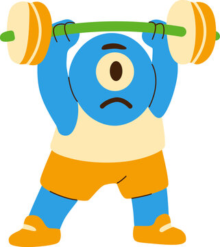 Cartoon Blue Monster Lifting Weights in Athletic Attire with Funny Expression