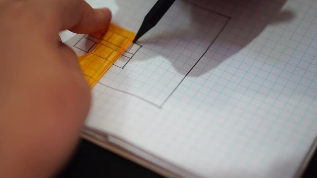 boy draws simple drawing of house with pencil and ruler in squared notebook. hand with pencil and triangle close-up