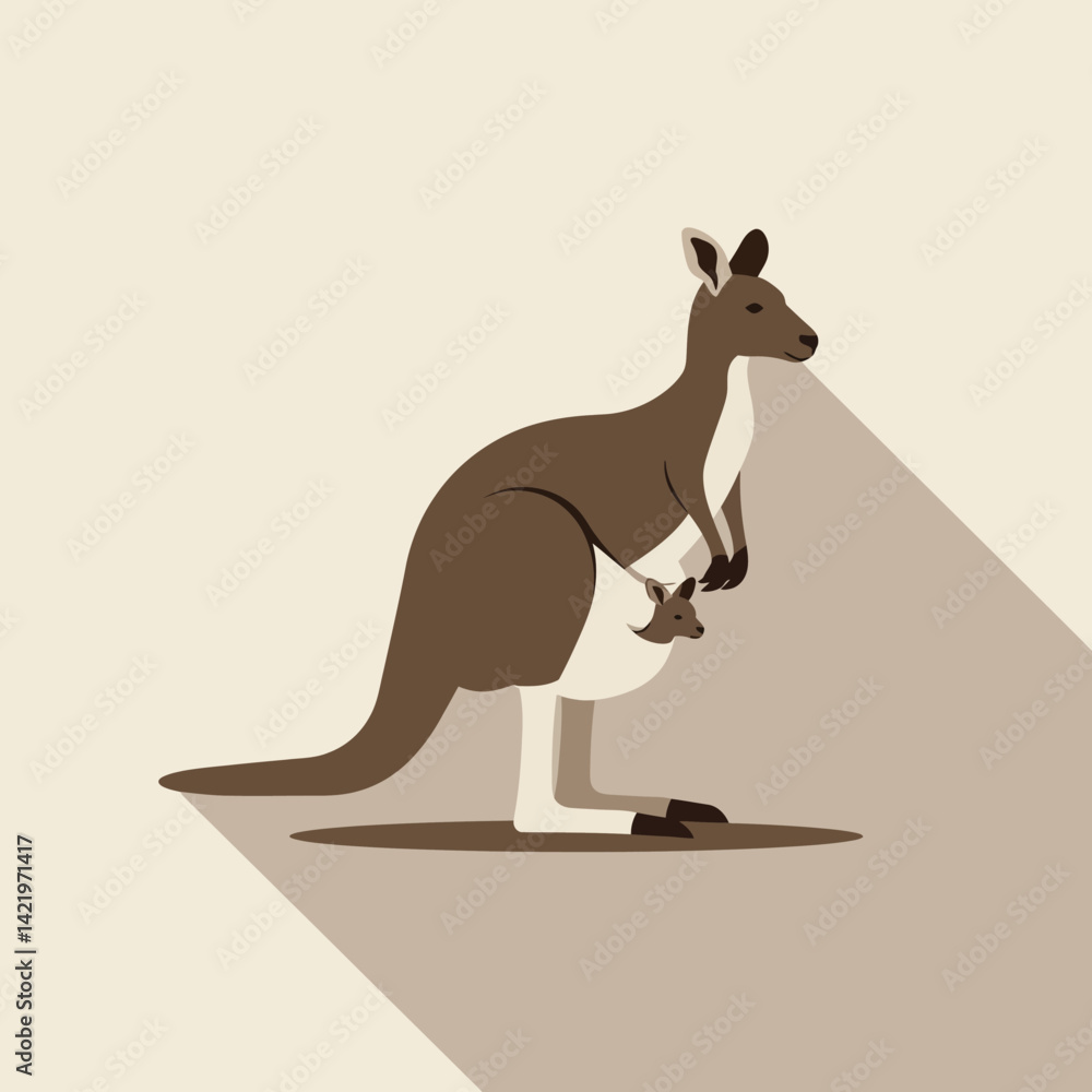 Poster kangaroo with joey in pouch standing in profile minimalist vector illustration with long shadow