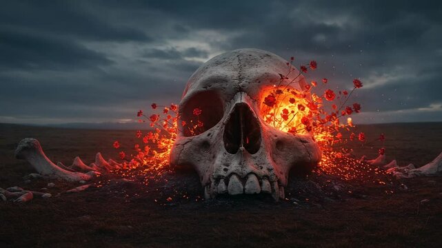 A large, cracked skull erupts with fiery orange sparks in a desolate landscape under a stormy sky - fire flower