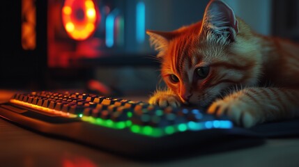 Orange tabby cat gamer playing on rgb gaming keyboard near computer in dark room setup for streamers