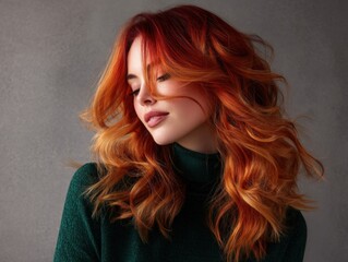 Fototapeta premium Stunning woman with vibrant red and orange hair in a studio setting, symbolizing beauty and confidence. Ideal for hair product ads, fashion editorials, and beauty blogs.